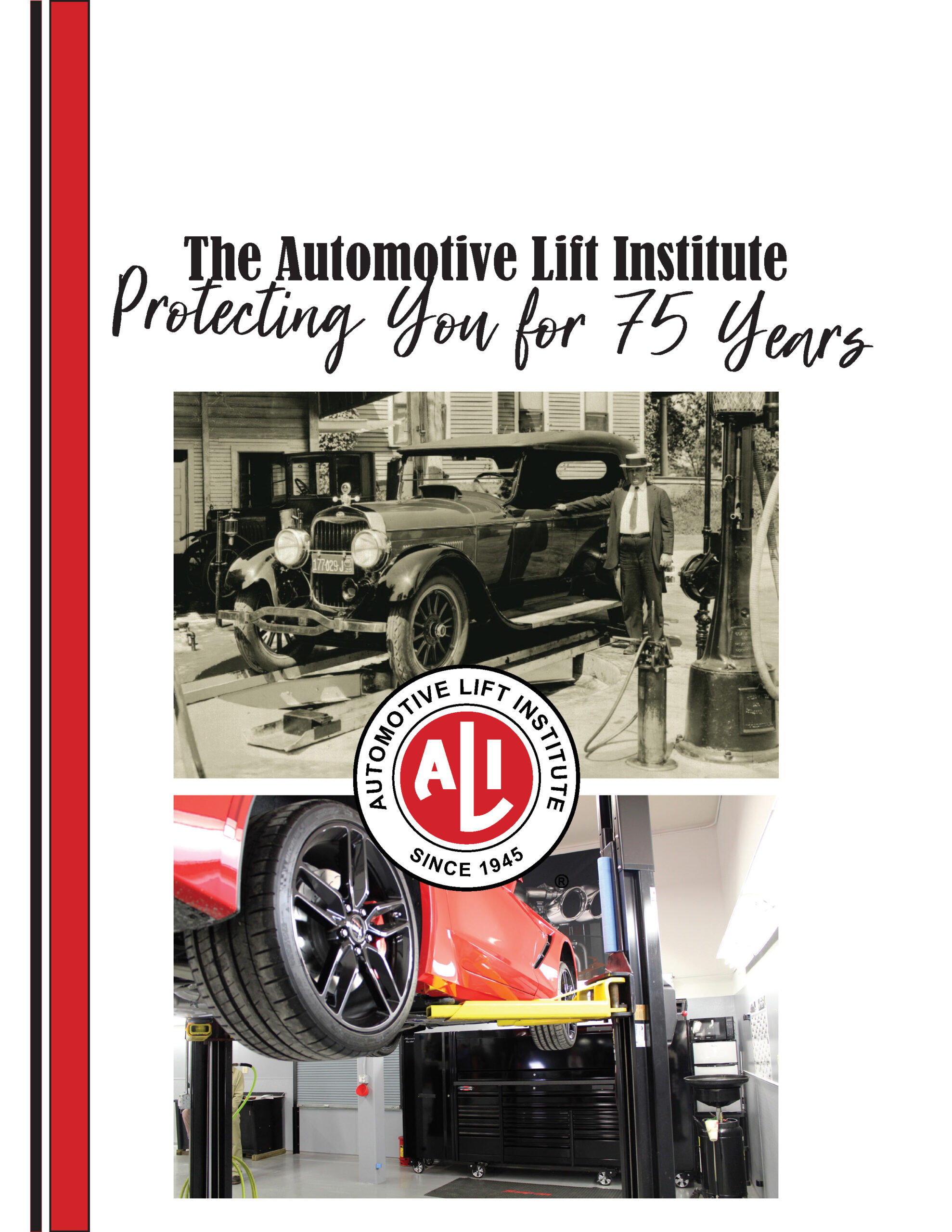 Book cover with black and white image of old car on a lift above color image of a new car on a lift