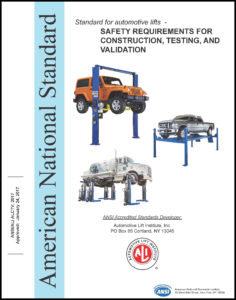 White book titled Standard for automotive lifts “Safety Requirements for Construction, Testing and Validation”